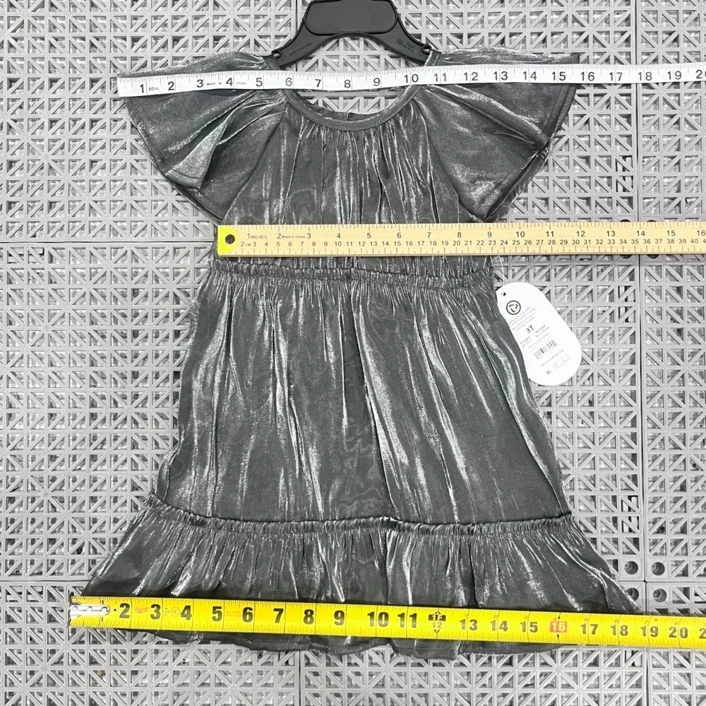 Gunmetal Silver Metallic Tiered Flutter Sleeve Dress Girls 3T Holiday Festive